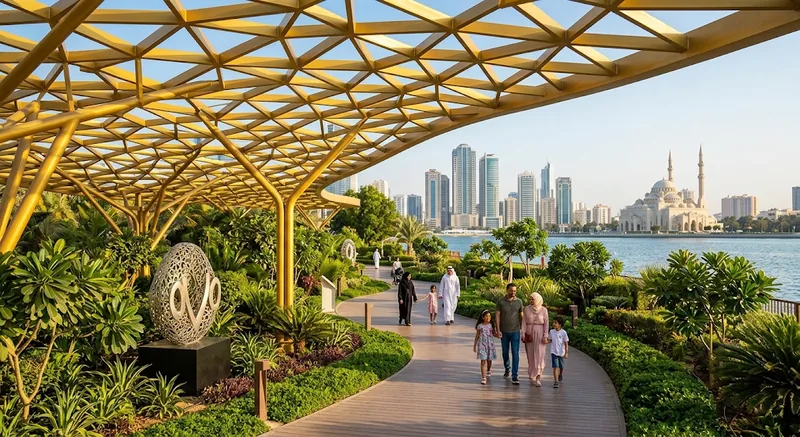 Families on a UAE waterfront promenade, skyline and mosque behind