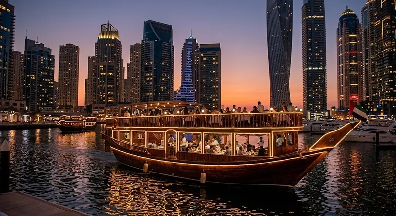 Lit dhow dinner cruise in Dubai Marina at dusk